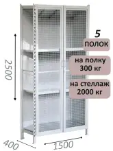 Стеллаж-шкаф СТ-300 с сетчатыми дверьми и сетчатой стенкой 2500х1580х400, 5 полок