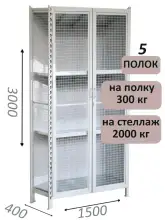 Стеллаж-шкаф СТ-300 с сетчатыми дверьми и сетчатой стенкой 3000х1580х400, 5 полок